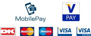 Logoer for betalingsmetoder: MobilePay, V Pay, Dankort, MasterCard, Maestro, Visa og Visa Elektron.